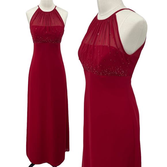 Vintage Y2k Beaded Evening Gown Maxi Dress Halter Neck Empire Waist Red Womens 0 - Picture 1 of 11
